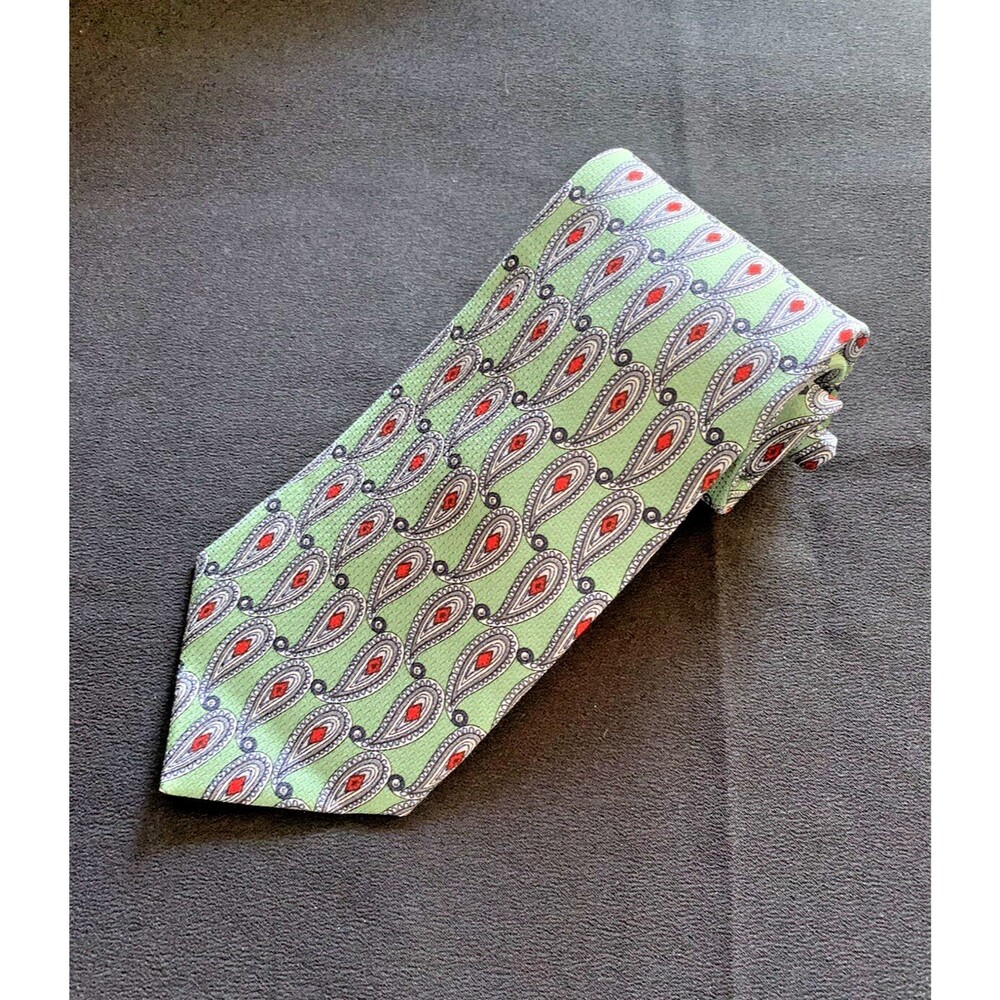Vtg 80s 90s Tom James Silk Neck Tie Textured Mint Green Red Paisley Designer NOS - Picture 4 of 9